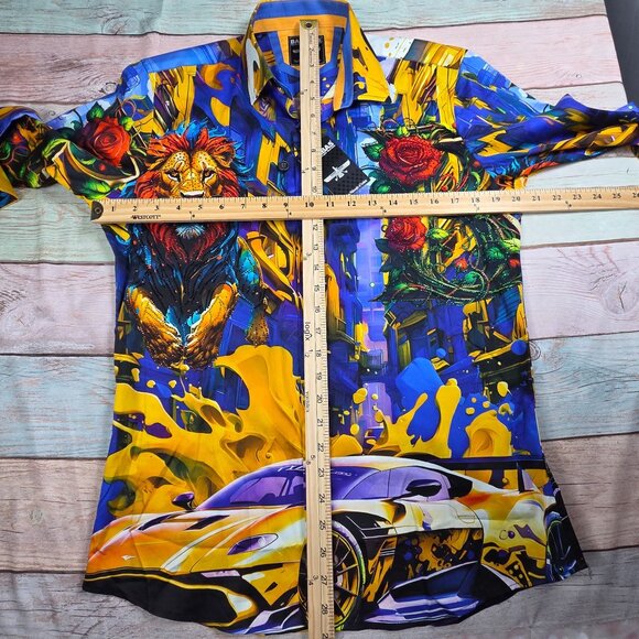 Barabas Mens Small Multicolor Vibrant Lion & Roses Graphic Button-Up Shirt - Picture 8 of 9